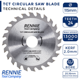 115mm x 24T TCT Circular Wood Saw Blade Fits Bosch, Festool, Makita, Worx, Black & Decker etc