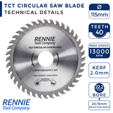 115mm x 40T TCT Circular Wood Saw Blades Fits Bosch, , Dewalt, Festool, Makita, Worx, Black & Decker etc