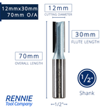 1/2" Shank TCT Straight Flute Router Bit (Sizes 2mm - 18mm)  - Metric Sizes Fits Makita Festool Dewalt Trend Routers