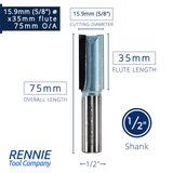 1/2" Shank TCT Straight Flute Router Bit (Sizes 2mm - 18mm)  - Metric Sizes Fits Makita Festool Dewalt Trend Routers