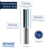 1/2" Shank TCT Straight Flute Router Bit (Sizes 2mm - 18mm)  - Metric Sizes Fits Makita Festool Dewalt Trend Routers