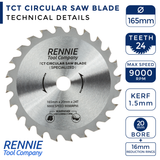 165mm x 24T TCT Cordless Circular Wood Saw Blade With Thin Kerf