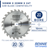 165mm x 24T TCT Cordless Circular Wood Saw Blade With Thin Kerf