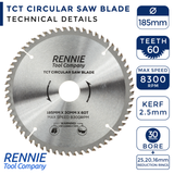 185mm x 60T TCT Circular Wood Saw Blade. Fits Multiple Saws.