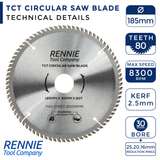 185mm x 80T TCT Circular Wood Saw Blade. Fits Evolution Bosch Makita Ryobi Dewalt Circular Saws Etc