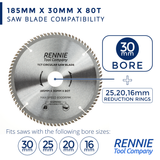 185mm x 80T TCT Circular Wood Saw Blade. Fits Evolution Bosch Makita Ryobi Dewalt Circular Saws Etc