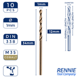 Box Of 10 Cobalt Jobber Drill Bits 1mm - 6.5mm High-Performance Drilling