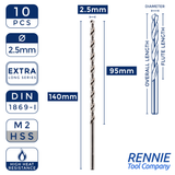 Box Of 10 x DIN1869 HSS Extra Long Series Jobber Drill Bit M2 Fully Ground