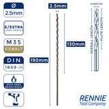 1 x DIN1869/2 HSS Cobalt Extra Long Series Jobber Drill Bit