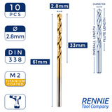 Box Of 10 x HSS M2 Titanium Coated Jobber Drill Bits