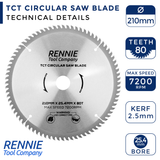 210mm x 25.4mm Bore x 80T TCT Circular Wood Saw Blade