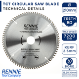 210mm x 80T TCT Circular Wood Saw Blade. Fits Festool Bosch Makita Dewalt Circular Saws Etc