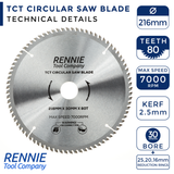 216mm x 80T TCT Circular Wood Saw Blade. Fits Multiple Saw