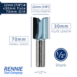 1/2" Shank TCT Straight Flute Router Bit (Sizes 19mm - 50.8mm) - Metric Sizes Fits Makita Festool Dewalt Trend Routers