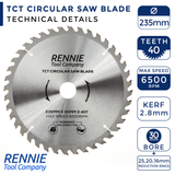 235mm x 40T TCT Wood Saw Blade Fits Bosch Makita Dewalt Circular Saws