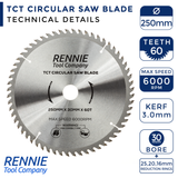 250mm x 60T TCT Circular Saw Blade Bosch Makita Dewalt