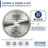 250mm x 60T TCT Circular Saw Blade Bosch Makita Dewalt