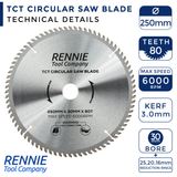 250mm x 80T TCT Circular Wood Saw Blade. Fits Bosch Makita Dewalt Circular Saws Etc