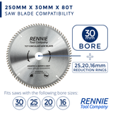 250mm x 80T TCT Circular Wood Saw Blade. Fits Bosch Makita Dewalt Circular Saws Etc