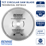 255mm x 25.4mm Bore x 80T TCT Circular Wood Saw Blade Fits Evolution Saws & Evolution Rage Saws