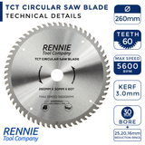 260mm x 60T TCT Circular Saw Blade - Compatible with Dewalt