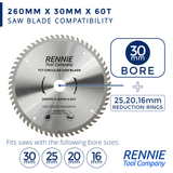 260mm x 60T TCT Circular Saw Blade - Compatible with Dewalt