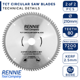 2 Pack - 210mm x 25.4mm Bore x 40T & 80T TCT Circular Wood Saw Blade Fits Evolution Saws & Evolution Rage Saws