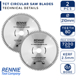 2 Pack - 210mm x 25.4mm Bore x 80T TCT Circular Wood Saw Blade