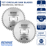 2 Pack - 255mm x 25.4mm Bore x 40T TCT Circular Wood Saw Blades Fits Evolution Saws & Evolution Rage Saws