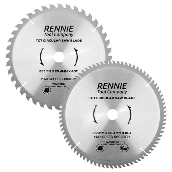 2-Pack 255mm x 40T & 80T x 25.4mm Bore TCT Circular Wood Saw Blades 255mm, Fits Evolution Saws