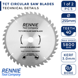 2-Pack TCT Circular Wood Saw Blades - 255mm, Fits Evolution Saws