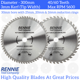 2 Pack - 300mm x 40T & 60T TCT Circular Wood Saw Blades. Fits Bosch Makita Dewalt Circular Saws Etc