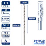 Box Of 10 x DIN1869 HSS Extra Long Series Jobber Drill Bit M2 Fully Ground