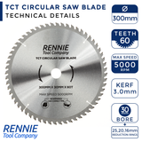 300mm x 60T TCT Circular Wood Saw Blade. Fits Multiple Circular Saws