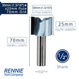 1/2" Shank TCT Straight Flute Router Bit (Sizes 19mm - 50.8mm) - Metric Sizes Fits Makita Festool Dewalt Trend Routers