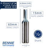 1/2" Shank TCT Straight Flute Router Bit (Sizes 2mm - 18mm)  - Metric Sizes Fits Makita Festool Dewalt Trend Routers