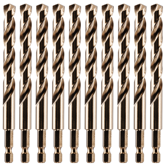 Box Of 10 x Hex Shank Cobalt Jobber Drill Bits For Metals & Stainless Steel