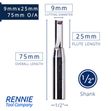 1/2" Shank TCT Straight Flute Router Bit (Sizes 2mm - 18mm)  - Metric Sizes Fits Makita Festool Dewalt Trend Routers