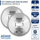 2 Pack - 185mm X 20mm Bore X 80T Tct Saw Blade for Circular Saws