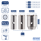 7 Piece TCT Core Drill Bit Set With SDS Adapter & Pilot Drills