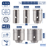 9 Piece TCT Core Drill Bit Set With SDS Adapter & Pilot Drills