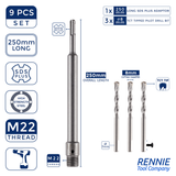 9 Piece TCT Core Drill Bit Set With SDS Adapter & Pilot Drills