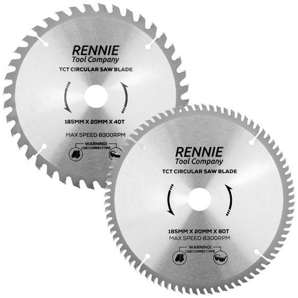 2 Pack - 185mm x 20mm Bore x 40T & 80T TCT Saw Blade Fits Evolution Bosch Makita Ryobi Dewalt Circular Saws Etc