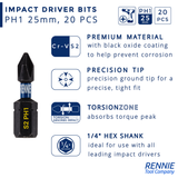 20 Pack PH1 x 25mm Impact Screwdriver Bits Phillips #1
