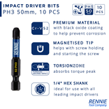 10 Pack PH3 x 50mm Magnetic Impact Screwdriver Bits Set Phillips #3