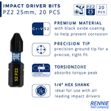 20 Pack PZ2 x 25mm Impact Screwdriver Bits Set Pozidriv (Pozi 2)