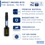 10 Pack - T15 Torx 32mm Long Magnetic Impact Screwdriver Bits Set TX15