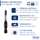 5 Pack - T15 Torx 50mm Long Magnetic Impact Screwdriver Bits Set TX15