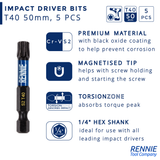 5 Pack - T40 Torx 50mm Long Magnetic Impact Screwdriver Bits Set TX40